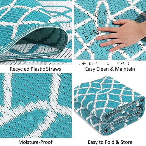 HEBE Outdoor Rug Waterproof 8x10, Reversible Plastic Straw Rug RV Camping Rug, Indoor Outdoor Patio Mat Clearance, Outside Carpet for Porch,Deck,Camper,Balcony,Backyard,Picnic - color: Line/Teal, size: 8' x 10' (Rectangular)