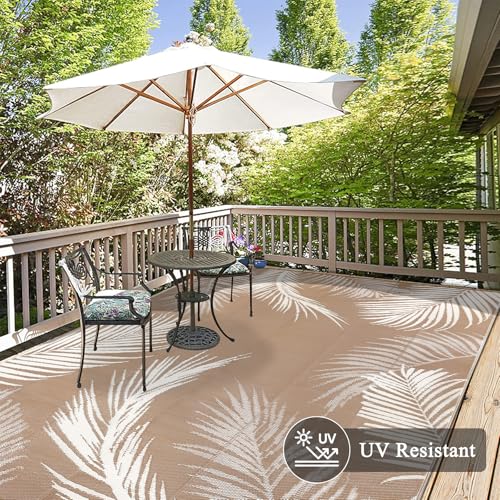 Pauwer Waterproof Outdoor Rug 8x10, Reversible Plastic Straw Patio Camping Rug, Indoor Outdoor RV Mat Carpet for Deck, Camper, Porch, Balcony, Backyard, Picnic, Leaf Brown - color: Leaf Brown, size: 8' x 10' (Rectangular)