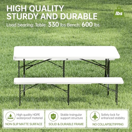 Real Relax 6' Picnic Table with 2 Benches, 3 Piece White Portable HDPE Folding Camping Table and Benches for Courtyard, Garden, Outdoor Leisure, Party - color: White