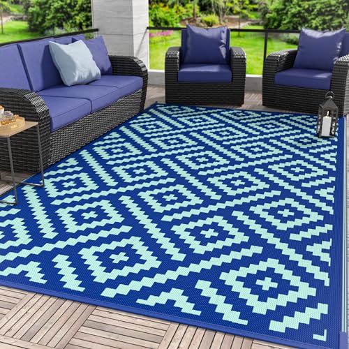GENIMO Outdoor Rug for Patio Clearance, 6'x9' Waterproof Camping Mat, Reversible Plastic Straw Rugs for RV, Camper, Balcony, Backyard, Picnic, Deck (Royal Blue & Blue Green) - color: Royalblue&bluegreen, size: 6' x 9' (Rectangular)