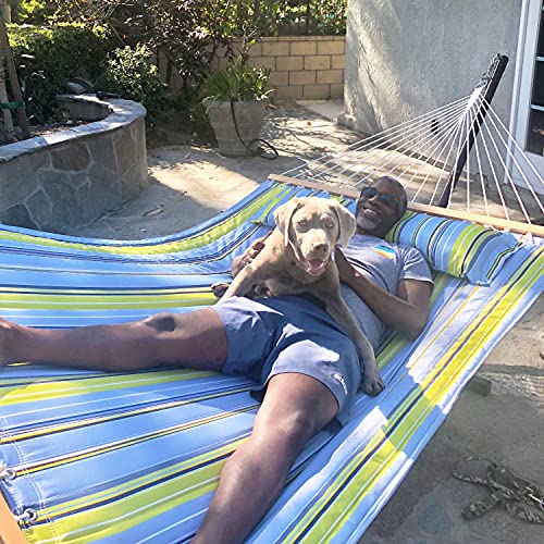 Sunnydaze Quilted Double Hammock for Outside with Spreader Bars and Pillow - 450 lb Capacity, 74x55 Inch Bed, UV Resistant, Quick Dry - Chains Included, Stand Sold Separately - Blue & Green - color: Blue and Green