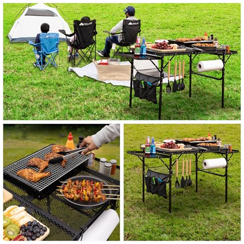 Folding Table w/ Carry Bag, Paper Towel Holder, Garbage Holder, Wing Panels, 3x2 FT Foldable Table for Portable Grill, Picnic, Outdoor, Beach, Small Folding Table Adjustable Height,Camping Table, BBQ