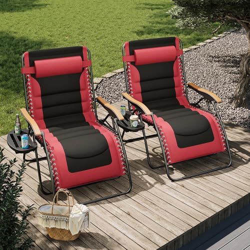 PHI VILLA XXL Oversized Padded Zero Gravity Chair Set of 2, Foldable Patio Recliner, 30" Wide Seat Anti Gravity Lounger with Armrest and Cup Holder, Support 400 LBS (Red) - color: Red, style: 2 Pcs