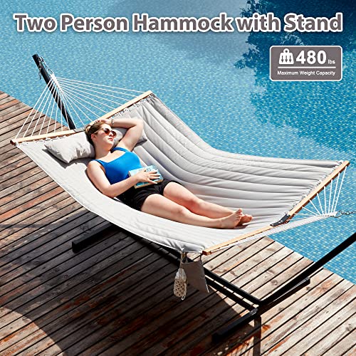 Homgava Two Person Hammock with Stand for Outside Heavy Duty, Outdoor Patio Hammock with Portable Steel Stand, Large Double Hammocks,480lbs Capacity.(Middle Grey) - color: Middle Grey