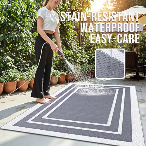 OLANLY Outdoor Rug 4x6 ft Waterproof, Reversible Outdoor Plastic Straw Rug, RV Mat, Indoor Outdoor Carpet Clearance for Patio, Camping, Balcony, Deck, Backyard, Grey & White - color: Grey & White, size: 4' X 6' (Rectangular)
