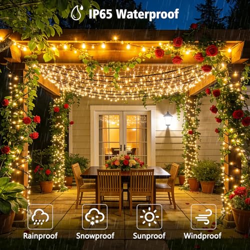 4 Pack Solar String Lights, Total 132Ft 400 LED Solar Powered Twinkle String Lights Waterproof with 8 Lighting Modes Green Wire for Patio Garden Party Yard Wedding Decors (Warm White) - color: Warm White