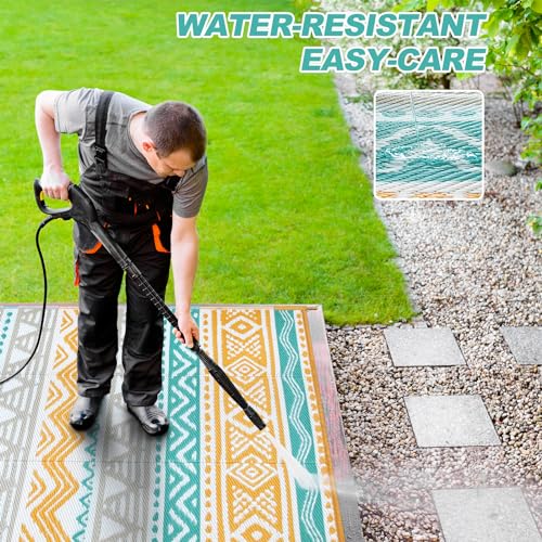 Lahome Waterproof Outdoor Rug 6x9, Reversible Outdoor Plastic Straw Rug for Camping, Large RV Outdoor Patio Rug, Outdoor Rugs Carpet for Porch Deck Backyard Balcony Picnic(Blue/Yellow,6'x 9') - color: Blue/Yellow, size: 6'x9'