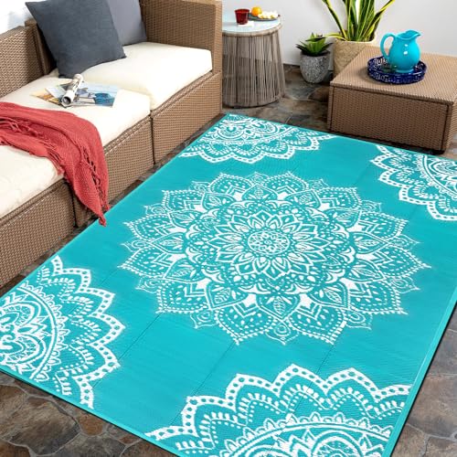 Yamaziot Waterproof Outdoor Rug 5x8 ft, Reversible Plastic Straw Rug for Patio Clearance, Camping, RV Mat, Large Outside Rug Carpet for Porch, Deck, Backyard, Balcony, Picnic (Blue) - color: Blue, size: 5' x8'