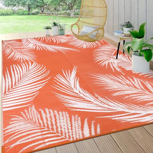Pauwer Waterproof Outdoor Rug 6x9, Reversible Plastic Straw Patio Camping Rug, Indoor Outdoor RV Mat Carpet for Deck, Camper, Porch, Balcony, Backyard, Picnic, Leaf Orange - color: Leaf Orange, size: 6' x 9' (Rectangular)