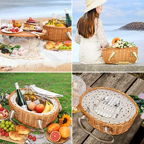 Wicker Picnic Basket for 2 with Large Insulated Cooler Compartment and Folding Table, Cutlery Service Kits, Willow Hamper Set with Woven Handles for Camping, Outdoor, Party(Beige)