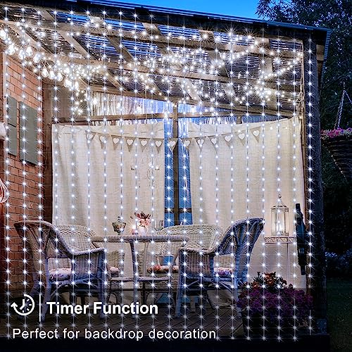 echosari Curtain Lights Battery Operated, 200 LED Curtain Fairy Lights 6.6×6.6ft with Remote Timer Outdoor Wall Light Fully Waterproof for Wedding Backdrops Bedroom Decor (Cool White) - color: Cool White, size: 6.6Ft x 6.6Ft