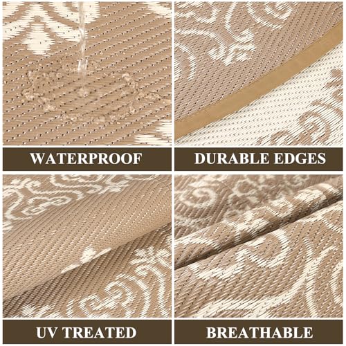 Pauwer Waterproof Outdoor Rug 6ft, Reversible Plastic Straw Patio Camping Rug, Indoor Outdoor RV Mat Carpet for Deck, Camper, Porch, Balcony, Backyard, Picnic, Floral Brown - color: Floral Brown, size: 6' (Round)