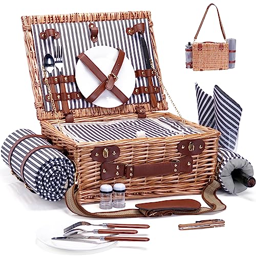 Picnic Basket with Blanket and Wine Pouch for 2 Wicker Picnic Set with Insulated Liner Cooler Bag Hamper for Camping,Wedding - Stripes - color: Stripes With Blanket for 2