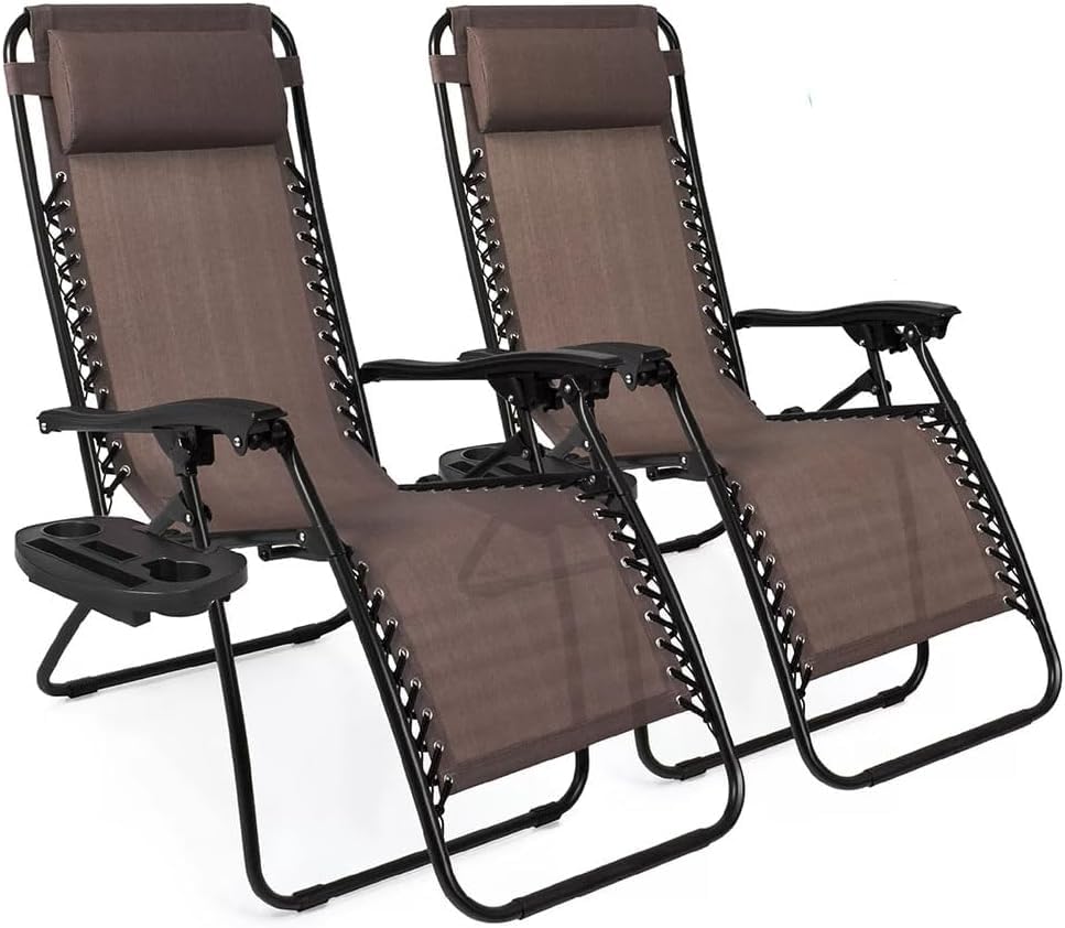 Zero Gravity Lounge Chair Adjustable Outdoor Reclining Chair Folding Patio Anti-Gravity Indoor Outdoor Lounge Chair w/Pillow, Cup Holder (Two Chairs - Brown) - color: Two Chairs - Brown