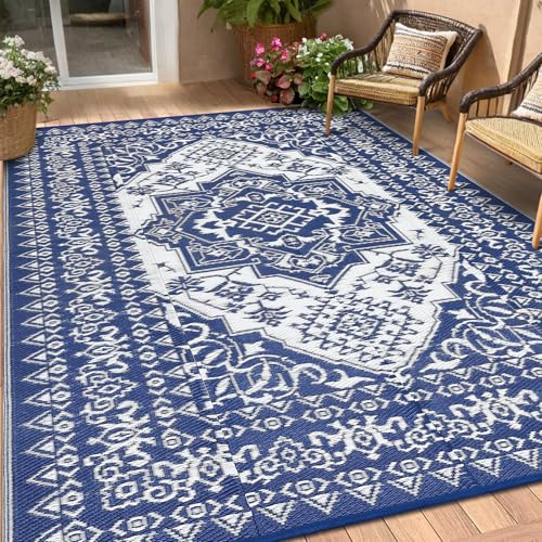 Garvee Patio Rugs Outdoor 9x12 Plastic Straw Rug Vintage Reversible Camping Carpet, Waterproof Medallion Outdoor Mat with 4 Stakes for RV, Picnic, Backyard, Deck, Balcony, Porch, Beach, Navy - color: Vintage|navy&white, size: 9' x 12' (Rectangular)