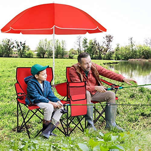 LDAILY LUARANE Folding Double Camping Chair, Outdoor Picnic Chairs w/Removable Umbrella, Mini Table, Cup Holder & Carrying Bag, Portable Camping Loveseat for Patio, Pool, Lawn, Beach, Park (Red) - color: Red