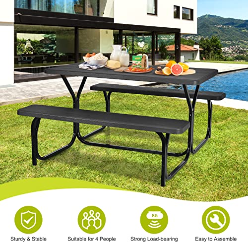 Moccha Picnic Table Bench Set - Portable Plastic Picnic Table w/Steel Frame & Wood-Like Texture, All Weather Heavy Duty Picnic Table Kit, Picnic Tables for Outdoors Garden Patio Party Dining (Black) - color: Black