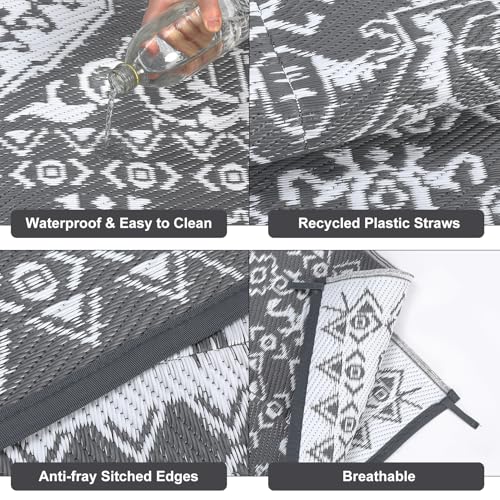 GarveeLife Outdoor Rug for Patio 9x18 Waterproof Reversible Plastic Straw Mat, Large Grey and White Vintage Medallion Area Rug for Deck, Balcony, Camping, Beach, Picnic, Indoor/Outdoor Use - color: Medallion|grey&white, size: 9' x 18' (Rectangular)