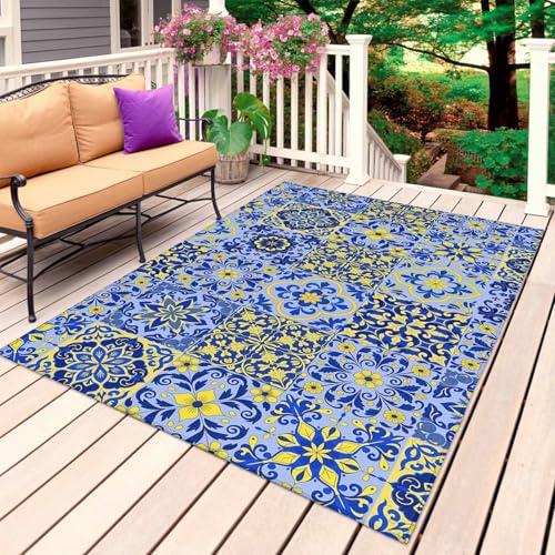 Vintage Boho Outdoor Rug 4' x 6', Middle Century Bohemia Style Patchwork Blue Washable Area Rug for Outdoor Indoor, Non Slip Outside Large Rugs Carpet for RV Patio Backyard Picnic Camping Porch Deck - color: Sky Blue, size: 4' x 6' (Rectangular)