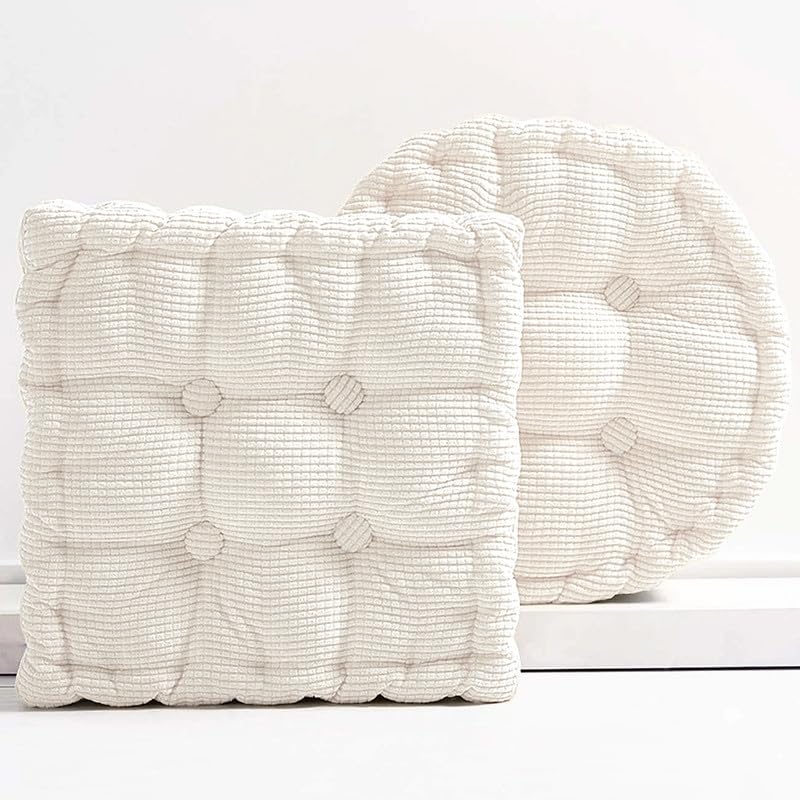 Meditation Floor Pillow Set of 2 Large Square and Round Floor Cushions for Adults White Corduroy Floor Seat Pillows Cushion for Living Room Balcony Tatami Yoga,18x18 Inch - color: White