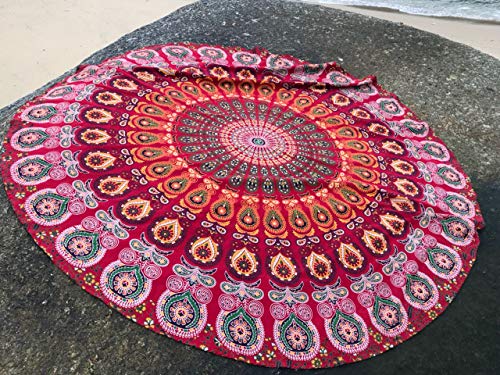 raajsee Mandala Round Beach Tapestry Hippie Mandala/Boho Decor Beach Blanket/Indian Cotton Throw Bohemian Round Table Cloth Mandala/Yoga Mat Meditation Picnic Rugs (RED) - color: RED