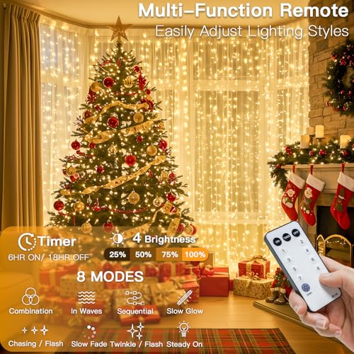 suddus 600 LED Christmas Curtain Lights Outdoor, 9.8x19.6ft Curtain Lights Plug in with Remote, Wall Hanging Lights for Christmas,Dorm,Wall,Window,Wedding,Party,Birthday Decor,Warm White - color: Warm White, size: 600 LED