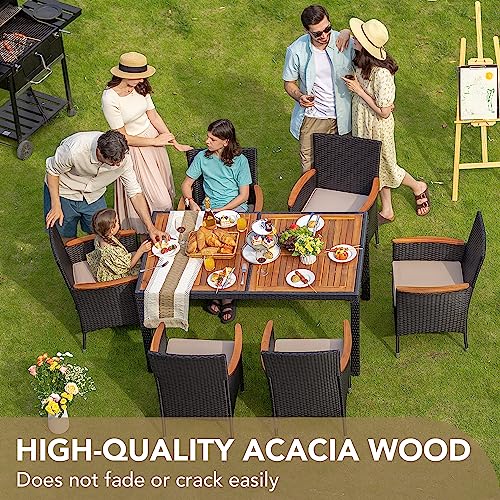 Devoko Dining 7 PCS Furniture, Patio Conversation Set with Acacia Wood Table Top, Outdoor, Beige Cushion and Black Rattan - color: Black, style: 7 Piece Dining Set