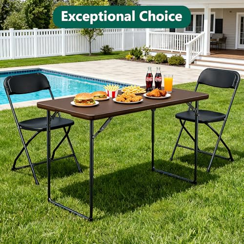 Folding Table 48" x 24" - Heavy Duty Fold-in-Half Plastic Table with Adjustable Height, Portable Utility Tables with Steel Legs for Indoor, Outdoor, Picnic, Camping, Dining, Party (Brown) - color: Brown, size: 48in x 24in