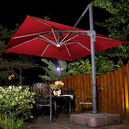 Sunnyglade 10x10ft Solar Powered LED Cantilever Patio Umbrella Square Deluxe Offset Umbrella 360°Rotation & Integrated Tilting System & LED lights for Market Garden Deck Pool Backyard Patio - color: Red, size: 10X10FT