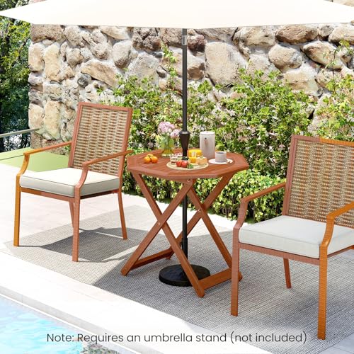 Tangkula 32-Inch Octagon Folding Outdoor Dining Table, Wood Patio Bistro Table with 2" Umbrella Hole and Slatted Tabletop, Outside Table for Garden, Yard, Porch, Teak Oil Finish, No Assembly Required - size: 32"