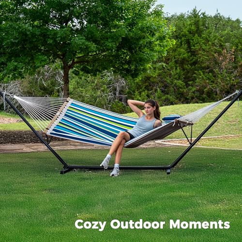 SUPERJARE Hammock with Stand, 2 Person Quilted Outdoor Hammock, Detachable Pillow & Bamboo Spreaders, Portable Hammock with Carrying Bag, Heavy Duty Stand, Perfect for Outside, Patio, Dark Cyan - color: Dark Cyan, size: 55.1"W × 74.8''D × 43.3''H