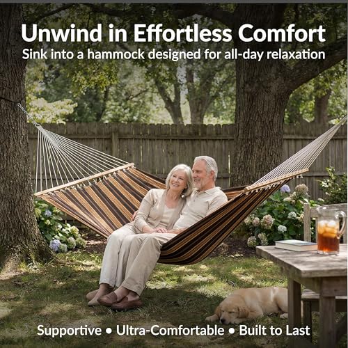 Sunnydaze Quilted Double Hammock for Outside with Spreader Bars and Pillow - 450 lb Capacity, 74x55 Inch Bed, UV Resistant, Quick Dry - Chains Included, Stand Sold Separately - Woodland Stripe - color: Woodland Stripe