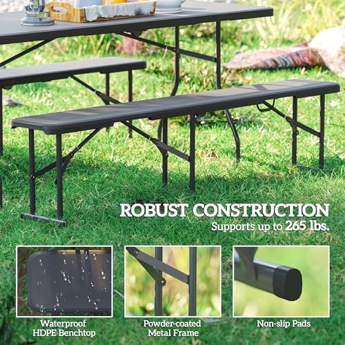 Outsunny 2-Pack 6 Ft. Plastic Folding Benches, Portable Foldable Bench Seats with Carrying Handle, Non-Slip Mat, HDPE Tabletop, Picnic Benches for Camping Dining Picnic BBQ Sports, Black - color: Black