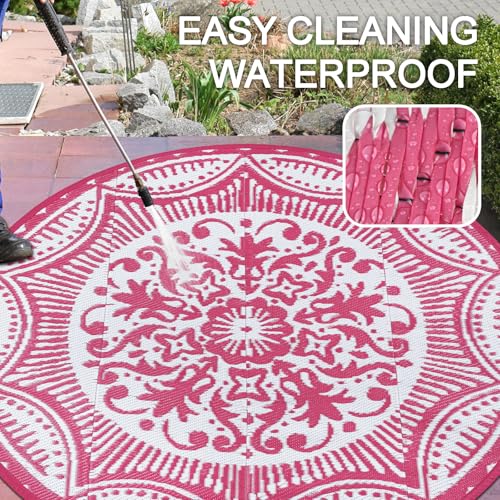 Capslpad 6x6 Floral Outdoor Rug for Patio Clearance Reversible Mat Round Portable Plastic Straw Carpet Waterproof Boho Indoor Outside Area Rugs for RV Camping Picnic Balcony Beach Deck, Pink - color: Pink, size: 6' (Round)