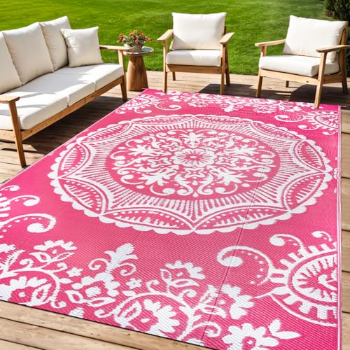 Capslpad 5x8 Outdoor Rug Waterproof Pink Boho Floral Patio Carpet Portable Plastic Straw Rug Foldable Outside Carpet with Carry Bag for RV Backyard Balcony Bench Picnic Porch - color: Pink, size: 5' x 8' (Rectangular)
