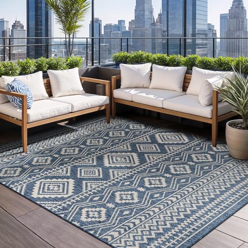 Beverly Rug Waikiki Boho Indoor Outdoor Rug 10x14, Washable Outside Carpet for Patio, Deck, Porch, Bohemian Area Rug, Farmhouse Rugs, Aztec Tribal Rug, Azure and White - color: Boho - Azure / White, size: 10' x 14' (Rectangular)