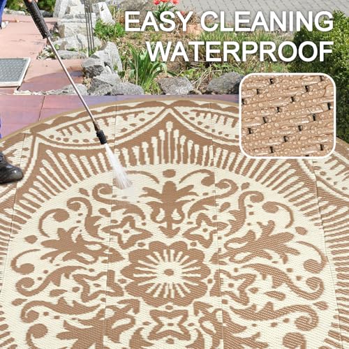 Capslpad 8x8 Floral Outdoor Rug for Patio Clearance Reversible Mat Round Portable Plastic Straw Carpet Waterproof Boho Indoor Outside Area Rugs for RV Camping Picnic Balcony Beach Deck, Light Beige - color: Light Beige, size: 8' (Round)