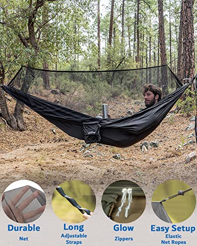 Sunyear Hammock Camping with Rain Fly Tarp and Net, Portable Camping Hammock Double Tree Hammock Outdoor Indoor Backpacking Travel & Survival, 2 Tree Straps,100% Waterproof - color: Black Bundle, size: 55"W*106"L