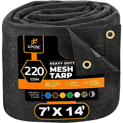Xpose Safety Heavy Duty Mesh Tarp 7' x 14' – Multipurpose Black Protective Cover with Air Flow - Use for Tie Downs, Shade, Fences, Canopies, Dump Trucks – Weather and Tear Resistant - color: Black, size: 7' X 14'