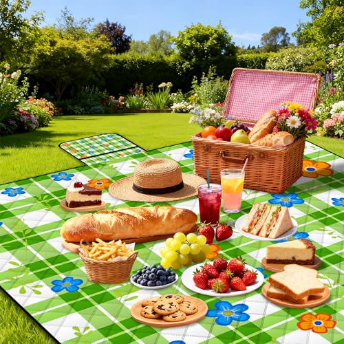Extra Large Picnic Blanket Waterproof,80"x 80"Foldable Machine Washable Beach Blanket,Outdoor Blanket for 6-8 Adults,Suitable for Indoor Crawling,Park Beach,Camping,Hiking,Family Travel(Green) - color: Green Tile, size: 6'8" x 6'8" (Square)