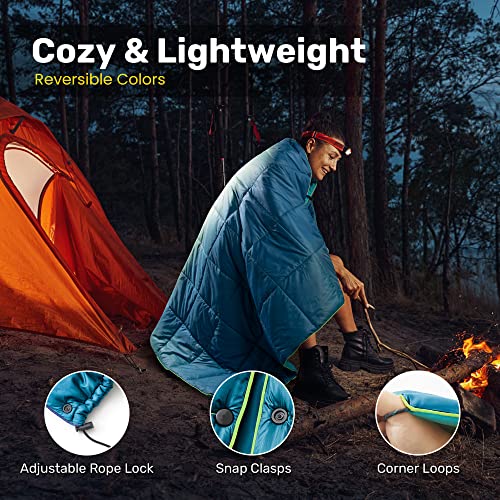UNIKOME Waterproof Puffy Camping Blanket - Lightweight Packable Outdoor Quilt with Snaps & Corner Loops, Warm Compact Blanket for Cold Weather Hiking Picnic Stadium Travel, 75"×52", Lake Blue&Sky Blue - color: 01 Lake Blue&sky Blue