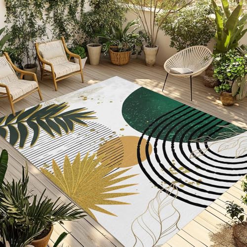 Outdoor Area Rug for Patio, Sun Arch Stripe Abstract Leaves Camping Rugs Indoor Large Floor Mat 4x6ft, Color Block Boho Style Outside Carpet for Deck RV Picnic Porch Backyard Bedroom - color: Green, size: 4' x 6' (Rectangular)