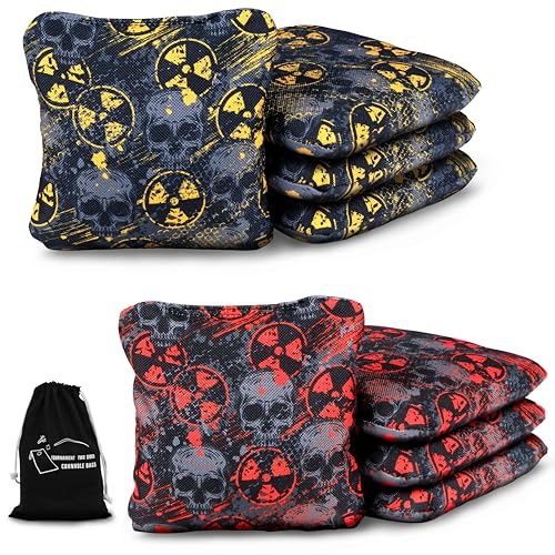 Professional Cornhole Bags Set of 8 - Dual Sided Stick & Slide (Suede/Woven) - Premium Resin Filled Regulation Weight & Size (6x6, 16oz) - Double Stitched Reinforced Seams with Carry Tote - color: Radioactive Skulls