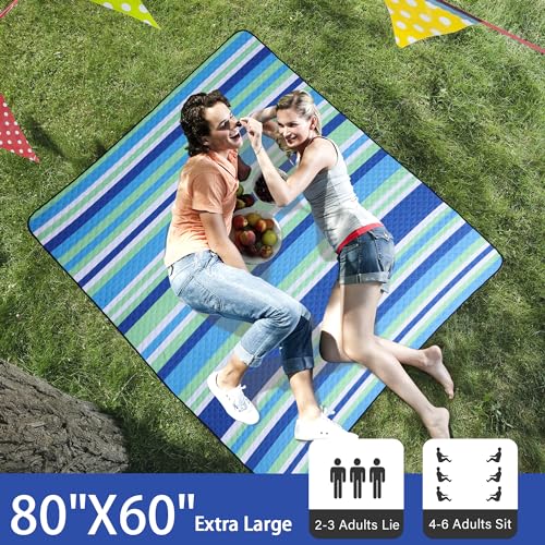 HX&OD Large Picnic Blanket Outdoor 80”x60” Waterproof Picnic Mat Foldable 3-Layer Camping Blanket Portable with Carry Strap Park Blanket for Grass(Blue) - color: Blue, size: 80”x 60”