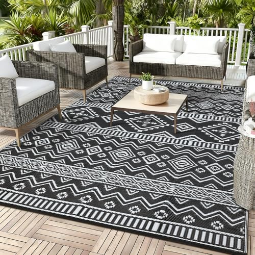 Boho 8x10 Waterproof Outdoor Rug, Reversible Plastic Straw Mat, Tribal Geometric Washable RV Camping Carpet, Foldable UV Resistant Deck Rug for Picnic Backyard Balcony Porch Patio, Black - color: Black/White, size: 8' x 10' (Rectangular)