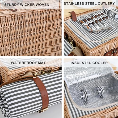 Multifunctional Wicker Picnic Basket Set for 4 with Blanket and Picnic Table, Insulated Picnic Set with Full Tablewares for Camping Outdoor Couples, Stripes - color: Stripes With Blanket &Table for 4