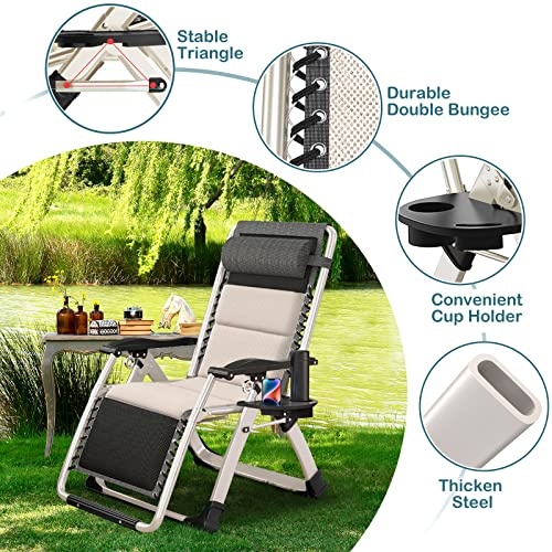 NAIZEA Padded Zero Gravity Chair, Folding Outdoor Lounge Chairs, Adjustable Reclining Camping Chairs with Cup Holder, Ergonomic Patio Lawn Chair for Balcony Beach Deck Yard - color: Ivory White, style: Zero Gravity Chair