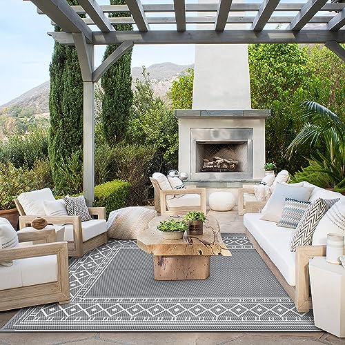 GENIMO Outdoor Rug Waterproof for Patio Decor, 6'x9' Reversible Plastic Straw Area Carpet, Camping Outside Mat for Outdoor, RV, Deck, Camper, Balcony, Picnic, Grey & White - color: Grey & White | Natural, size: 6' x 9' (Rectangular)