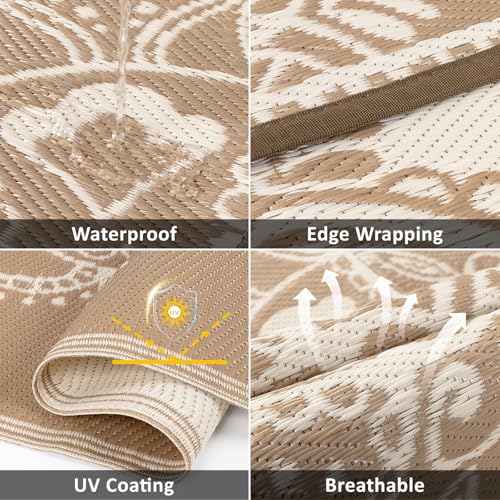 Pauwer Waterproof Outdoor Rug 6x9, Reversible Plastic Straw Patio Camping Rug, Indoor Outdoor RV Mat Carpet for Deck, Camper, Porch, Balcony, Backyard, Picnic, Floral Brown - color: Floral Brown, size: 6' x 9' (Rectangular)