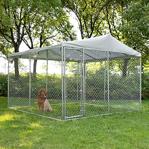 Outdoor Large Dog Kennel, Heavy Duty Dog Cage Pet House Galvanized Steel Fence Dog Playpen Puppy Exercise Pen Dog Run Cage w/UV & Waterproof Cover and Secure Lock (9.84'Lx9.84'Wx7.21'H) - size: 9.84'Lx9.84'Wx7.21'H